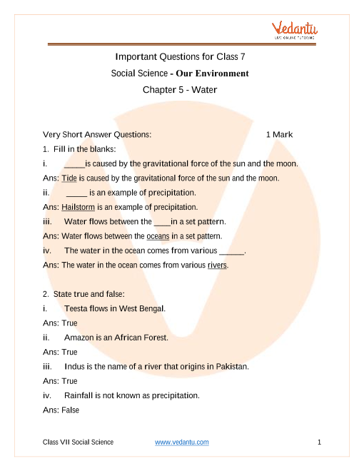 Important Questions for CBSE Class 7 Social Science Our Environment Chapter 5 - Water