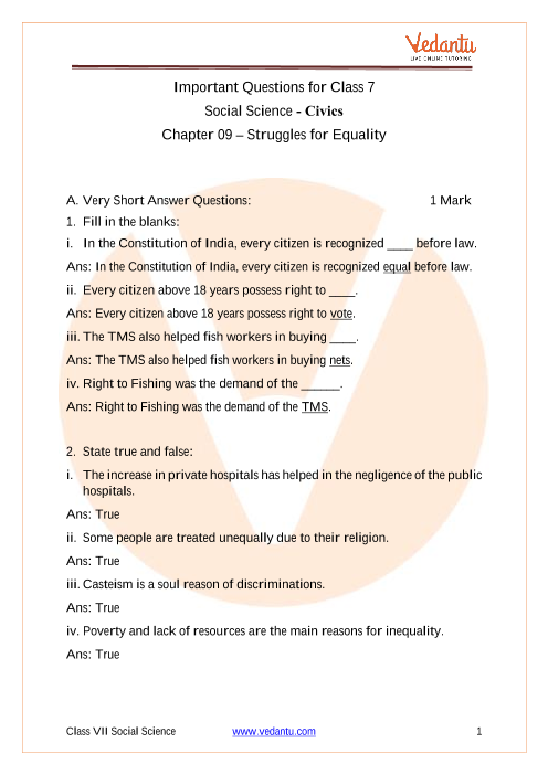 hylde kaffe beundring Important Questions for CBSE Class 7 Social Science - Social and Political  Life Chapter 9 - Struggles For Equality