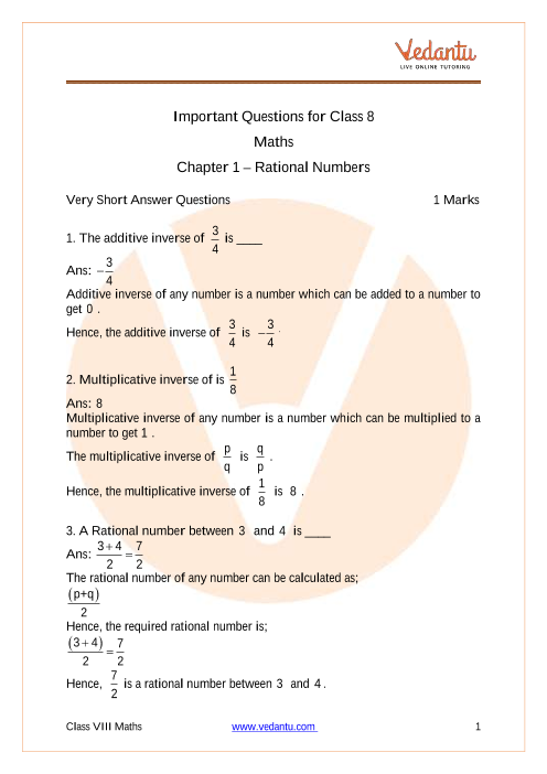 Rational Numbers Class 7 Worksheet Mcq