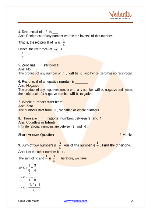 Class 8 Maths Rational Numbers Worksheet With Answers