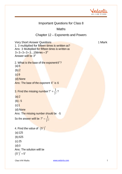 case study questions class 8 maths exponents and powers