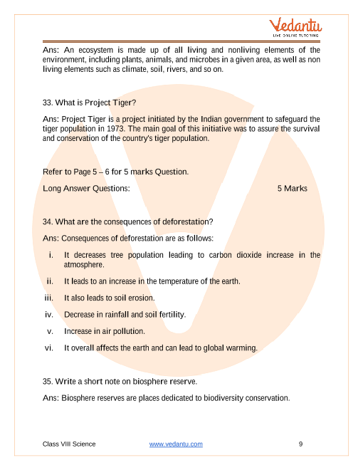 Important Questions for CBSE Class 8 Science Chapter 7 - Conservation of  Plants and Animals