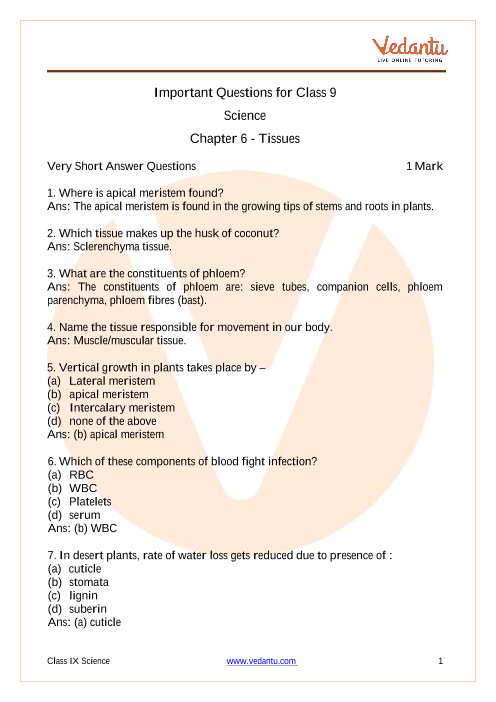 CBSE Class 9 Science Chapter 6 - Tissues Important Questions 2022-23