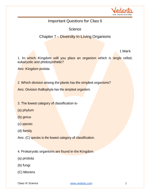CBSE Class 9 Science Chapter 7 - Diversity in Living Organisms Important  Questions 2022-23