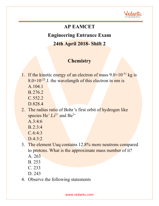 AP EAMCET 2018 Chemistry Previous Year Question Papers with Solutions