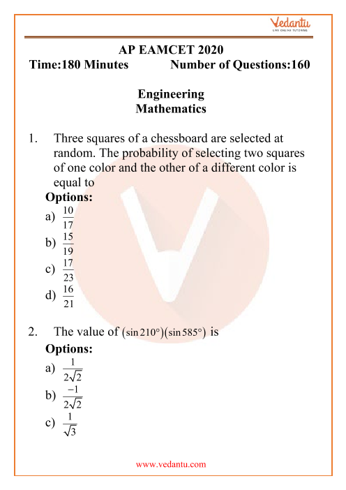AP EAMCET Engineering Question Paper 18th September 2020 Shift 2 part-1
