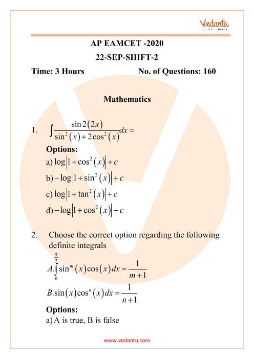 AP EAMCET Engineering Question Paper 22nd September 2020 Shift 2 part-1