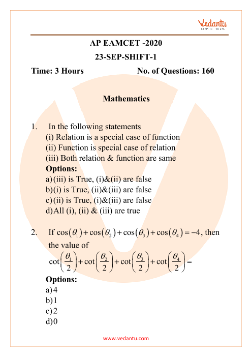 AP EAMCET Engineering Question Paper 23rd September 2020 Shift 1 part-1