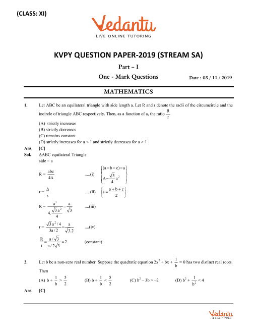 KVPY 2019 Previous Year Question Paper with Answer Keys for Class 11 SA Stream part-1