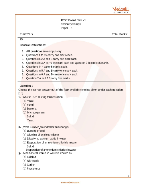 ICSE Sample Papers for Class 7 Chemistry Paper 1 (20222022)