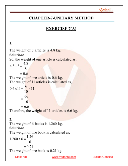 Selina Concise Mathematics Class 7 ICSE Solutions for Chapter 7 Unitary Method part-1