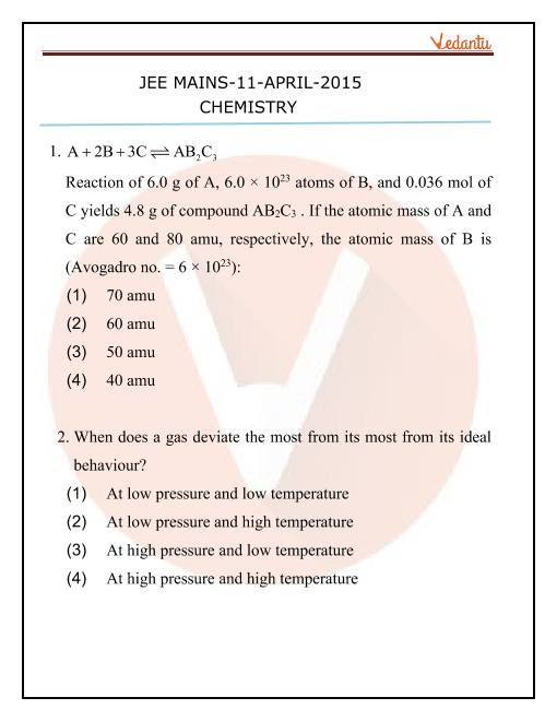 JEE Main Chemistry Question Paper with Answer Keys Online Exam 2015