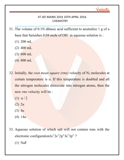 Previous Year Question Paper JEE Main 2016 Chemistry 10 April