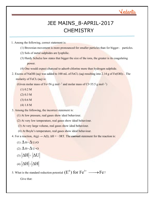 Previous Year Question Paper JEE Main 2017 Chemistry 8 April