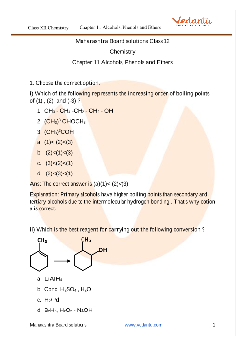 Ncert Solutions For Class 12 Chemistry Chapter 11 Alcohols NCERT