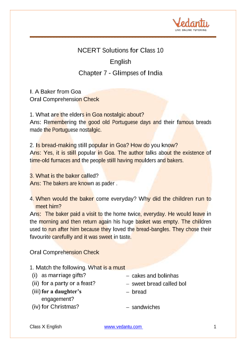 NCERT Solutions for Class 10 English First Flight Chapter 7 Glimpses of India part-1