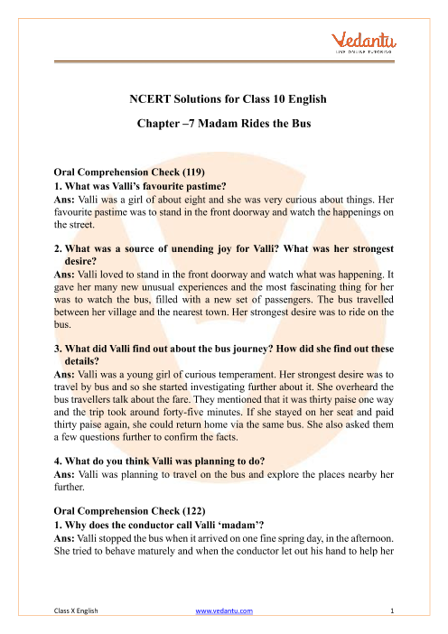 NCERT Solutions for Class 10 English Chapter 9 Madam Rides The Bus