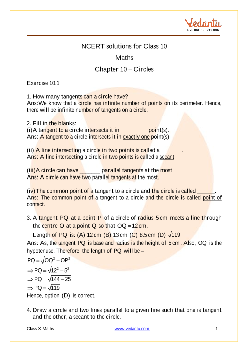 Ncert Solutions For Class 10 Maths Chapter 10 Circles