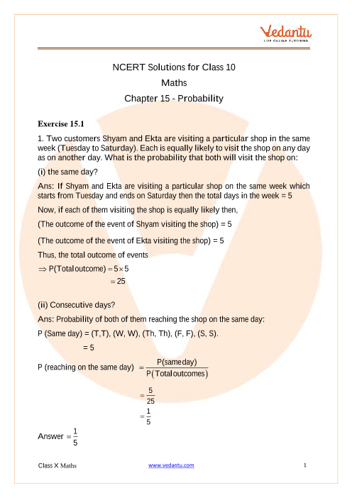 Access NCERT Solutions for Class 10 Maths  Chapter 15 – Probability part-1