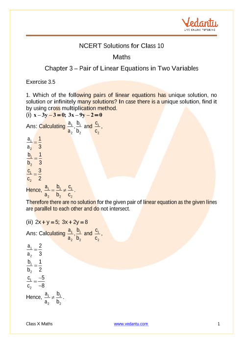 Access NCERT Solutions for Class 10 Maths Chapter 3 – Pair of Linear Equations in Two Variables part-1