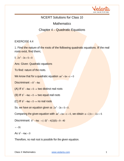 Access NCERT Solutions for Class-10 Maths Chapter 4 – Quadratic Equations part-1