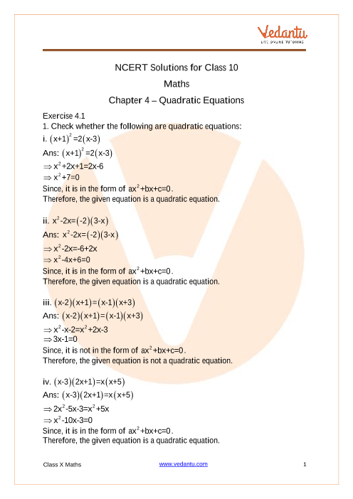 Ncert Solutions For Class 10 Maths Chapter 4 Quadratic Equations