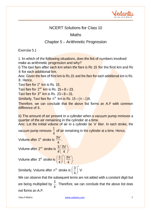 Access NCERT Solutions for Class 10 Maths  Chapter 5 – Arithmetic Progression part-1