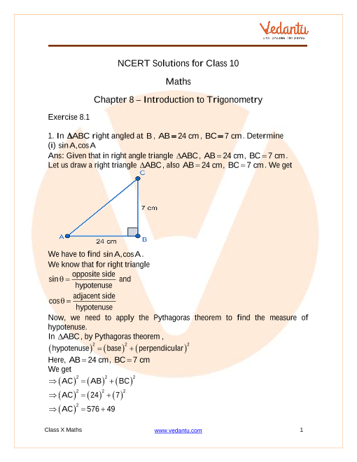 Access NCERT Solutions for Class -10 Maths Chapter 8 – Introduction to Trigonometry part-1