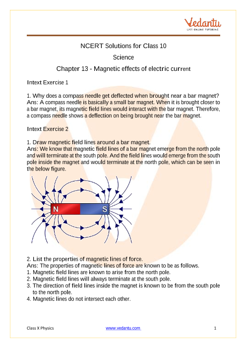 Ncert Solutions For Class 10 Science Chapter 13 Magnetic Effects Of Electric Current Free Pdf