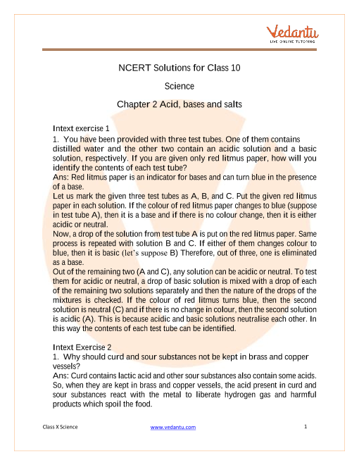 Access NCERT Solutions for Class 10 Science  Chapter 2 Acid, bases and salts. part-1