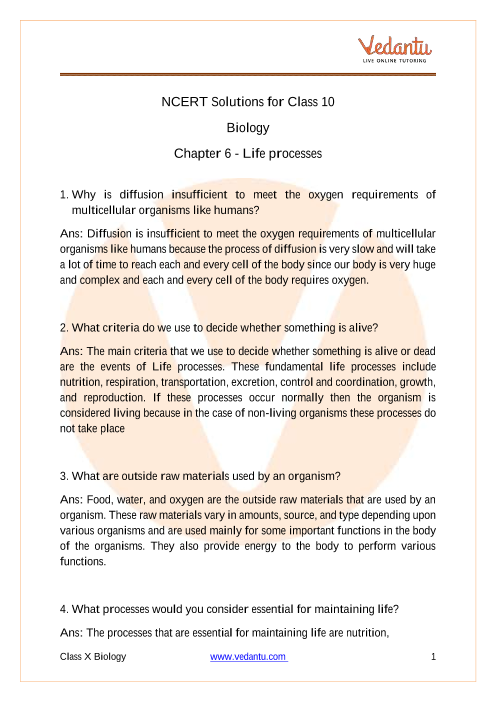 Access NCERT Solutions Class 10 for Biology Chapter 6 - Life Processes part-1