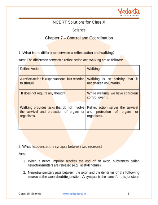 Class 10 NCERT Solutions for Science Chapter 7 - Control and Coordination