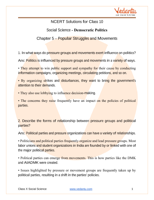 NCERT Solutions for Class 10 Social Science Democratic Politics Chapter 5 - Popular Struggles and Movements part-1