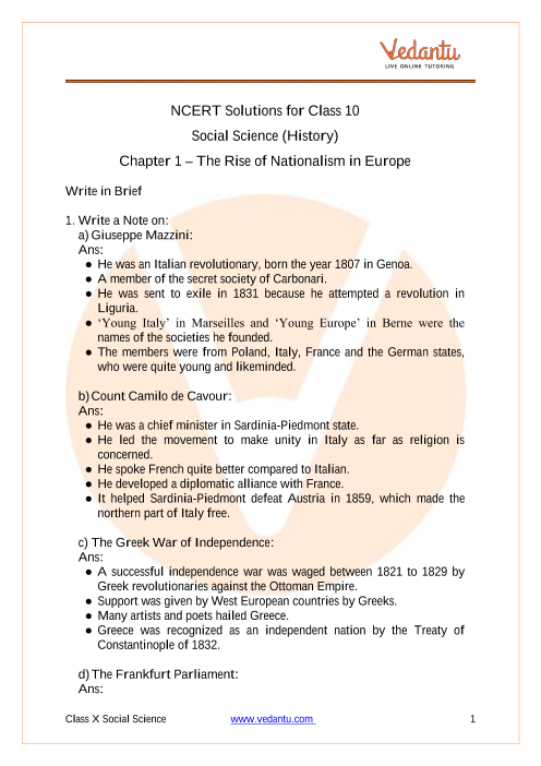 The Rise of Nationalism in Europe Class 10 History Notes Chapter 1