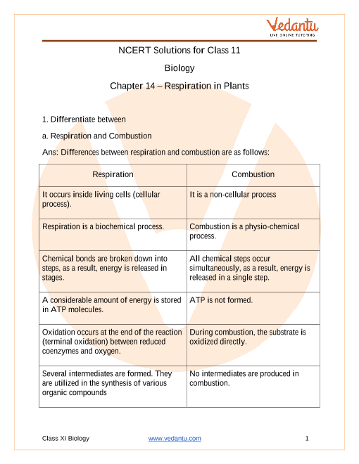 NCERT Solutions for Class 11 Biology Chapter 14 Respiration in Plants -  Free PDF