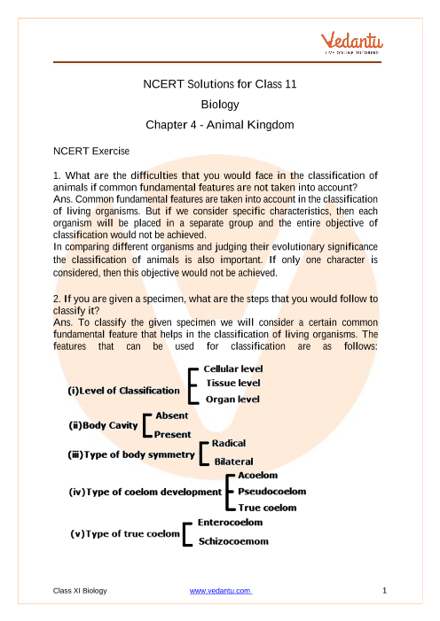 CBSE Class 11 Biology Chapter 4 Animal Kingdom NCERT Solutions