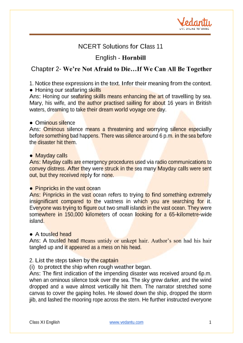 Ncert Solutions For Class 11 English Hornbill Chapter 2 We Re Not Afraid To Die If We Can All Be Together