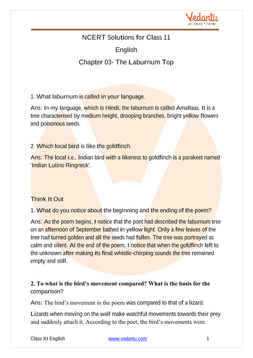 NCERT Solutions for Class 11 English Hornbill Chapter 3 Poem - The Laburnum  Top