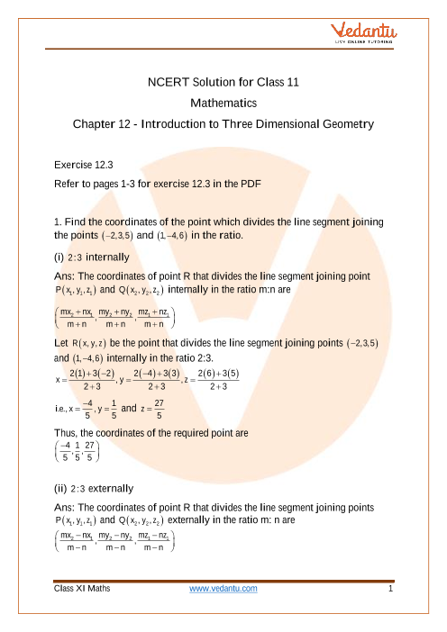 Access NCERT Solution for Class 11 MATHS Chapter 12- Introduction to Three Dimensional Geometry part-1