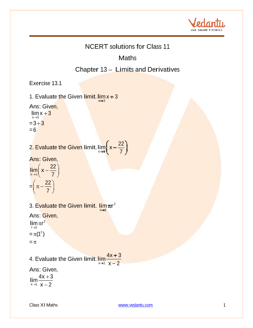 Access NCERT solutions for Class 11 Maths Chapter 13 –  Limits and Derivatives part-1