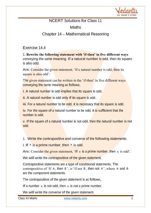 Access NCERT Solutions for Class 11 Maths Chapter 14 – Mathematical Reasoning part-1