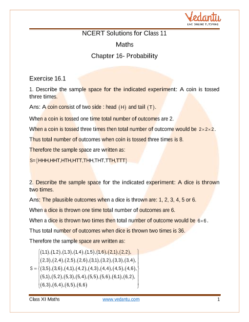 Access NCERT Solutions for Class 11 Maths  Chapter 16- Probability part-1