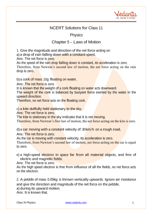 Ncert Solutions For Class 11 Physics Chapter 5 Law Of Motion Free Pdf