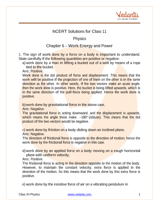 Ncert Solutions For Class 11 Physics Chapter 6 Work Energy And Power Free Pdf