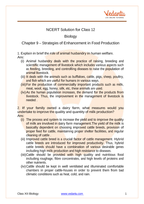 NCERT Solutions for Class 12 Biology Chapter 9 - Strategies for Enhancement  in Food Production - Free PDF
