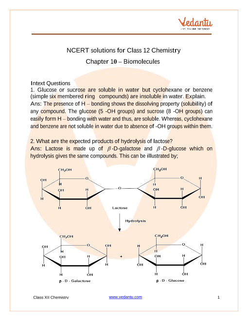 Download Free PDF of NCERT Solutions for Class 12 Chemistry Biomolecules