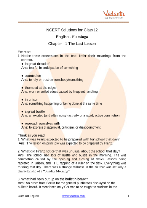 Access NCERT Solutions for Class 12 English Flamingo Chapter – 1 The Last Lesson part-1