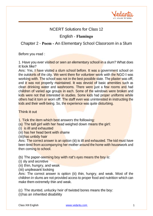 Ncert Solutions For Class 12 English Flamingo Chapter 2 An Elementary School Classroom In A Slum