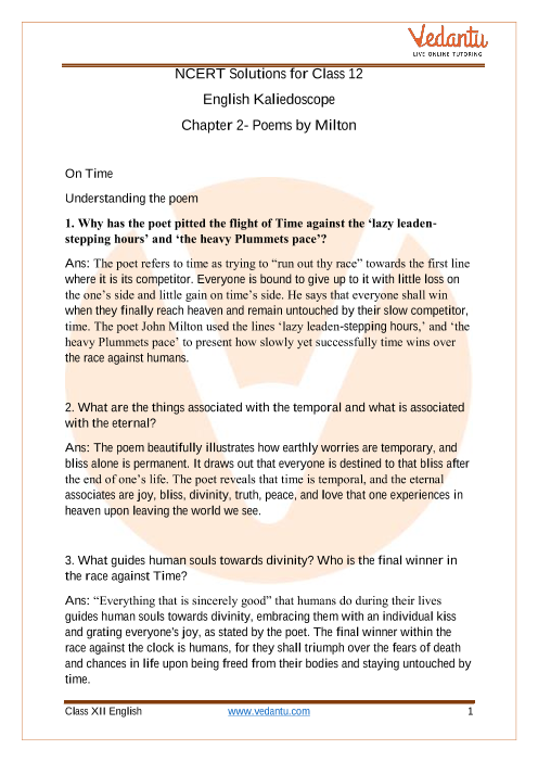 Access NCERT Solutions For Class 12 English Chapter 2 Poems by Milton part-1