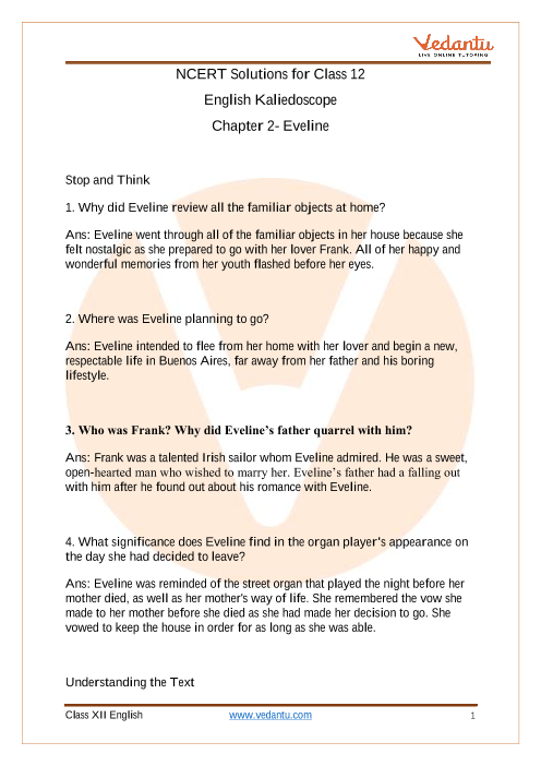 NCERT Solutions for Class 12 English Kaliedoscope Chapter 2 Eveline - Short Stories - Free PDF (2) part-1